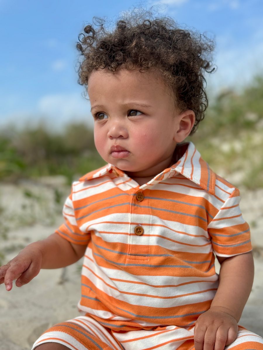 Tangerine, Grey, & White Striped Polo Romper