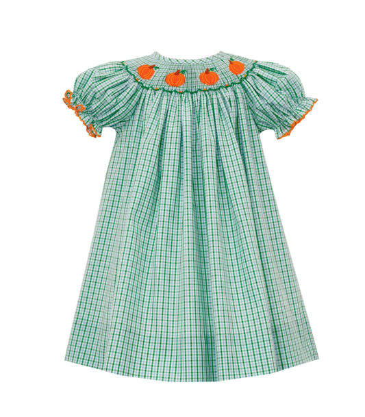 Green & Blue Checked Bishop Dress w/ Smocked Pumpkins