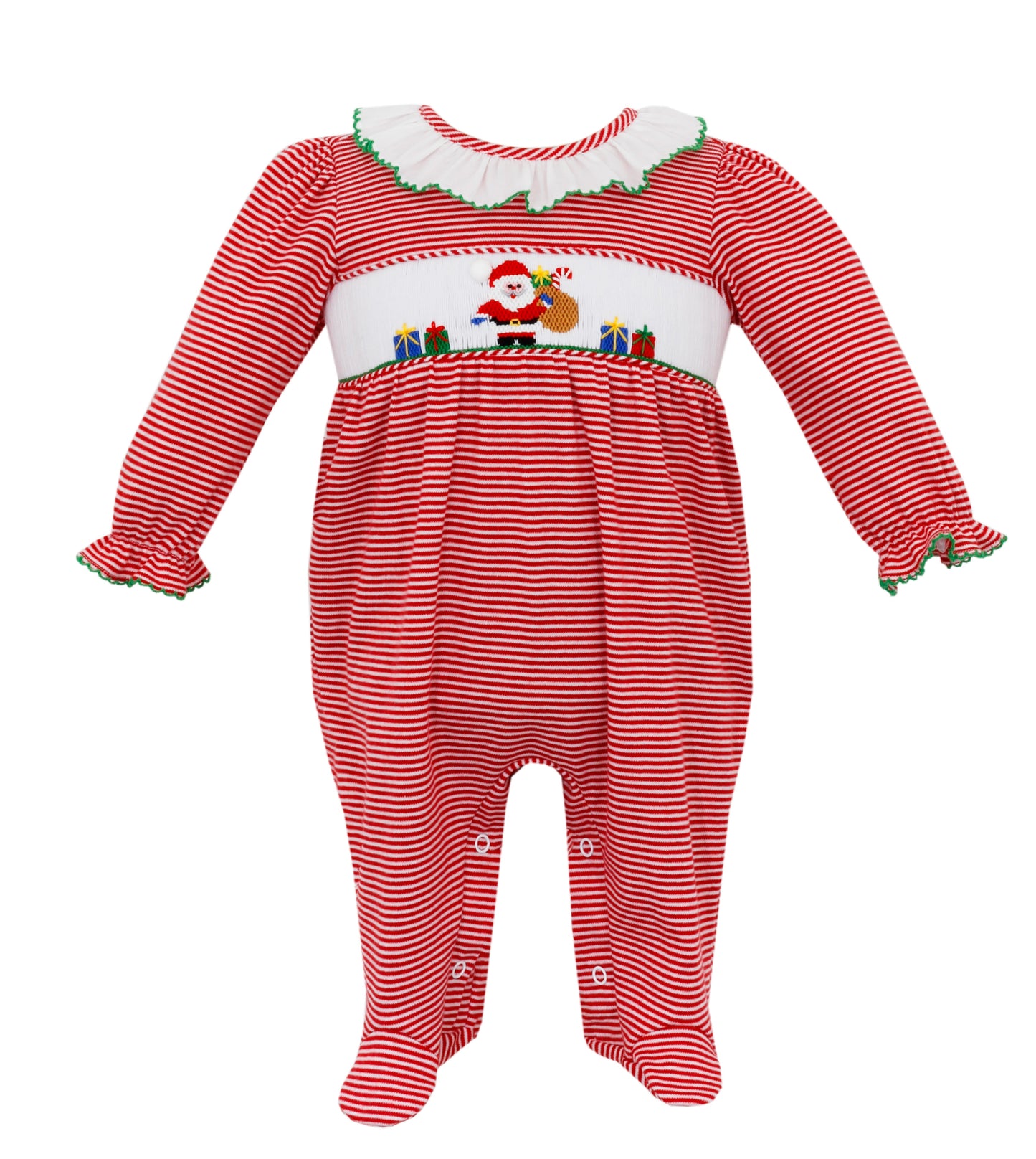 Red Stripe Knit Romper- Smocked Santa *footless*