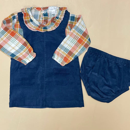 Angel Dear- Plaid Blouse w/ Dark Denim Corduroy Dress & Diaper Cover Set