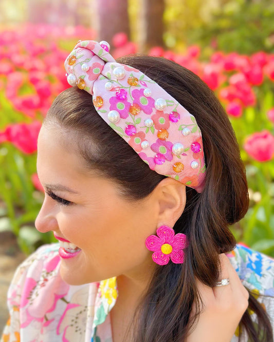 BC Pink Daisy Headband with Crystals and Pearls