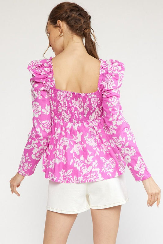 PINK FLORAL SMOCKED TOP