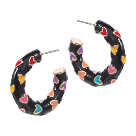 Heart Pattern Hoop Earrings - Jet